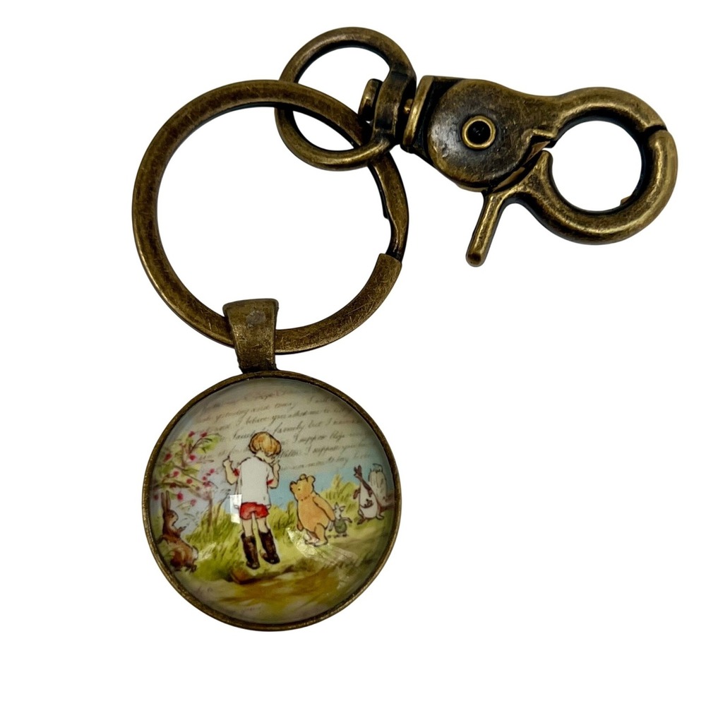 Winnie the Pooh Keychain Bronze Metal Glass Cabochon Classic Storybook Style OS